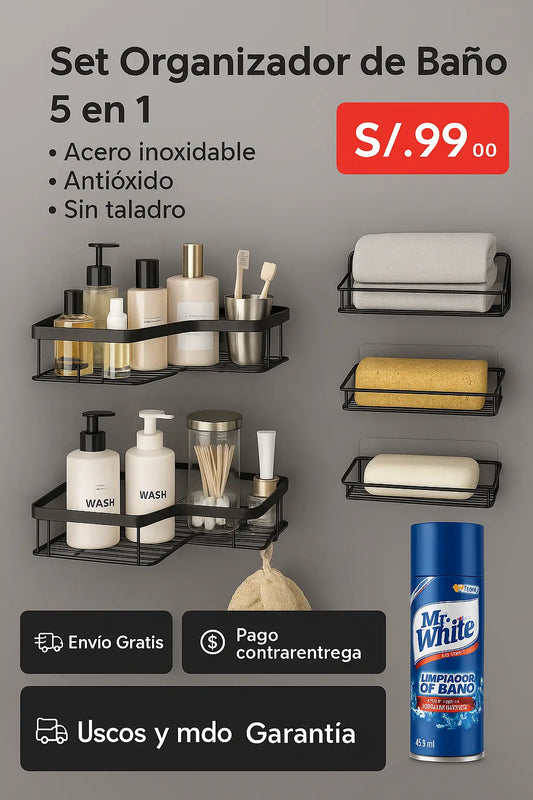 ORGANIZADOR PARA DUCHA 5 PIEZAS MAS LIMPIADOR DE BAÑO
