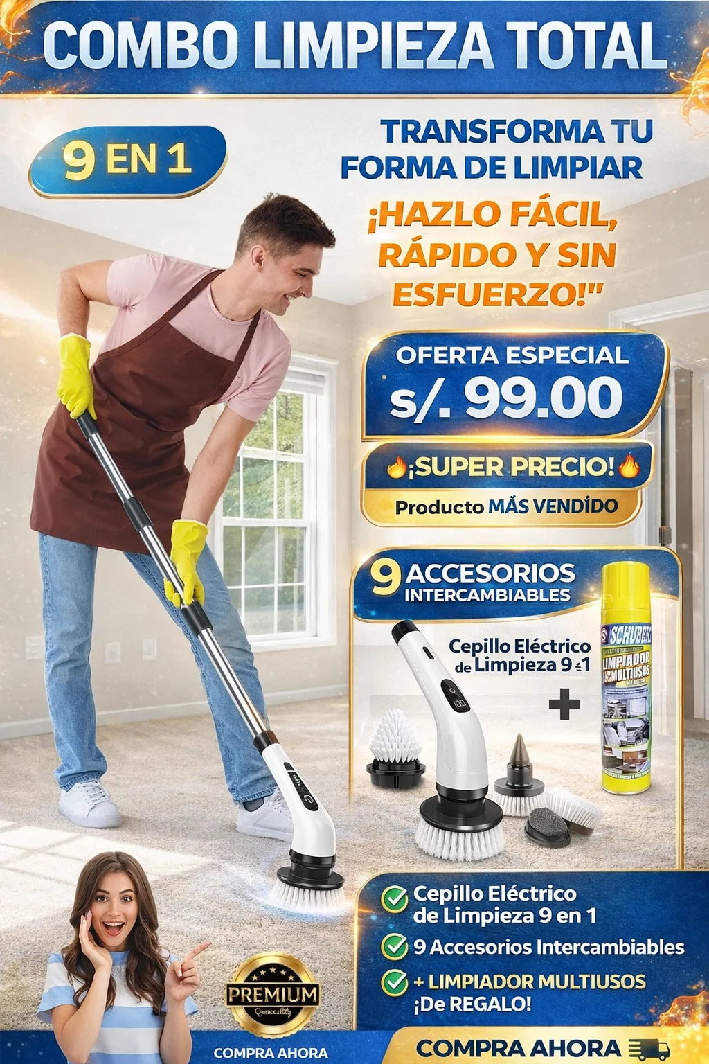 LIMPIEZA TOTAL CON EL CEPILLO DE LIMPIEZA 9 EN 1 MAS LIMPIADOR MULTIUSO