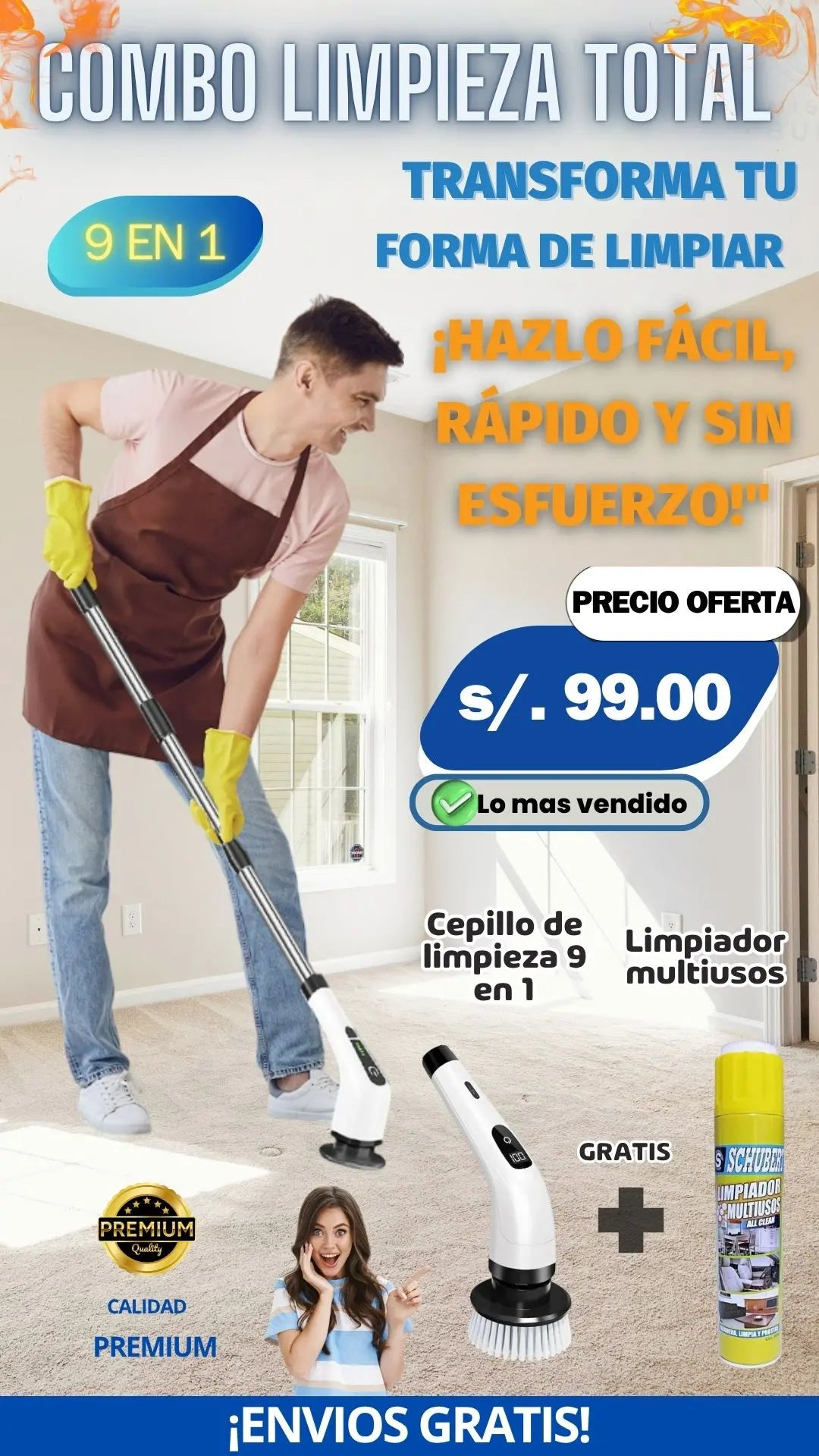 LIMPIEZA TOTAL CON EL CEPILLO DE LIMPIEZA 9 EN 1 MAS LIMPIADOR MULTIUSO